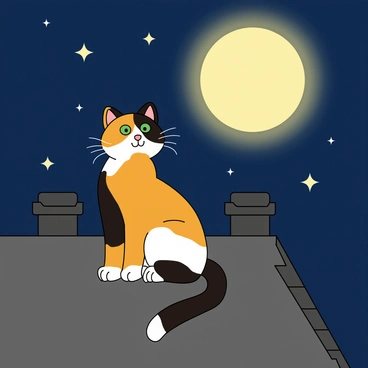 A calico cat with patchy orange, black, and white fur is sitting on a dark gray rooftop. The cat has bright green eyes that are intently gazing up at a large, glowing full moon, which illuminates the night sky with a soft light. Stars are scattered across the deep blue background, twinkling around the moon. The rooftop is slightly sloped, and the edges are adorned with whimsical chimneys. The scene conveys a magical nighttime atmosphere, with the moonlight casting gentle shadows around the cat.