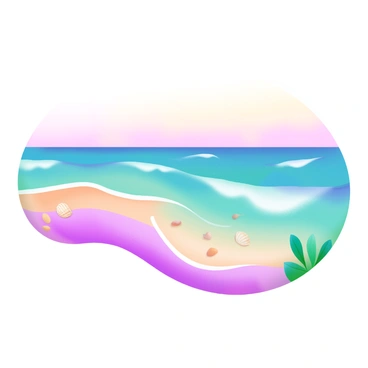A modern pastel illustration depicting gentle ocean waves lapping at the shore. The waves are curling softly, creating a white frothy edge where they meet the sandy beach. In the background, the horizon blends seamlessly into the sea, with subtle variations of blue and turquoise. The sky is painted in soft pastel hues, transitioning from light pink to pale yellow as it meets the water's edge. Small seashells are scattered along the beach, adding detail to the sandy foreground.