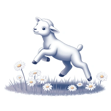 A small lamb is playfully hopping in a lush field filled with daisies. The lamb has soft, fluffy wool and is positioned mid-leap with its front legs extended forward. Surrounding the lamb are numerous daisy flowers, their white petals open and vibrant, contrasting with the green grass beneath. The scene captures a sense of lively movement as the lamb joyfully interacts with its environment.