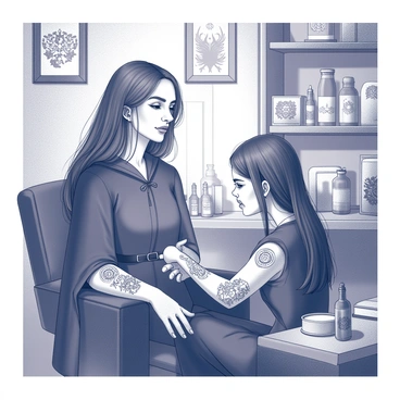 A witch with long, flowing hair is seated on a comfortable chair in a tattoo shop. She wears a dark cloak adorned with symbols and has a focused expression on her face. Intricate magical symbols and patterns are being inked onto her forearm by a tattoo artist, who is wearing gloves and concentrating on their work. The shop is filled with an assortment of magical items, including potions in glass bottles, antique books with mystical covers, and candles casting soft light. The air is filled with an aura of enchantment as the witch prepares to embrace her new tattoo.