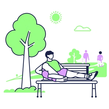 A person is performing leg extension exercises while seated on a park bench. The individual is wearing athletic clothing, including a fitted shirt and shorts. Their legs are extended outward, showcasing the movement of the exercise. To the left, there is a nearby tree with a sturdy trunk and a spread of green leaves overhead. Above, the sky is clear with the sun shining brightly, casting soft shadows on the ground. In the background, there are hints of other park elements, such as a walking path and distant people enjoying the sunny day.