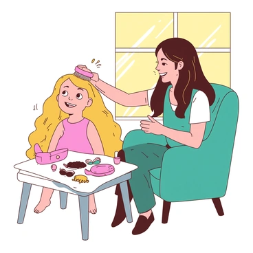 A parent with long brown hair is sitting on a teal chair, gently brushing their child's hair with a pink soft brush. The child, a little girl with bright blonde hair, is smiling and looking up at the parent, enjoying the moment. Sunlight is streaming through a nearby window, creating a warm atmosphere in the room. There is a small white table beside them with an assortment of colorful hair accessories scattered on it. The scene conveys a sense of tenderness and care.
