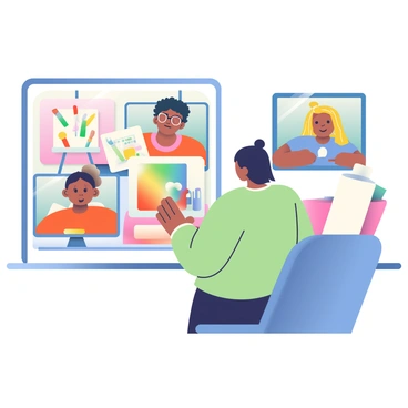A virtual art class is taking place with several students visible on computer screens. Each student has a unique appearance, showcasing diverse ethnicities; one has curly hair and glasses, while another has straight hair pulled back in a bun. Each screen displays various artistic tools, such as paintbrushes and sketchbooks. In the foreground, a friendly instructor with short hair is speaking animatedly, gesturing toward a colorful canvas on their own screen. The background is filled with art supplies, including tubes of paint and canvas rolls, creating an engaging environment for creativity.