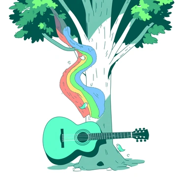 A teal guitar is placed against the trunk of a large white tree with a thick trunk and lush green foliage. Musical chords, depicted as colorful, flowing waves, are emerging from the sound hole of the guitar and swirling into the air. These waves are rich in texture, intertwining as they rise softly among the branches of the tree. The scene conveys a sense of joy, with small, delicate birds perched on the branches, chirping along with the music. Sunlight filters through the leaves, casting dappled patterns of light on the ground below.