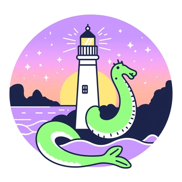 A sea serpent is curiously circling an illuminated lighthouse as the sun sets on the horizon. The serpent has long, sinuous body with scales glistening in the light, and its head is raised, peering at the lighthouse. The lighthouse stands tall and proud, with a bright beam of light shining from its top, casting rays into the twilight sky. Around the lighthouse, waves gently lap against the rocky shoreline, while silhouettes of distant cliffs can be seen under the fading light. Above, the sky transitions from orange to dark blue, dotted with the first stars of the evening.