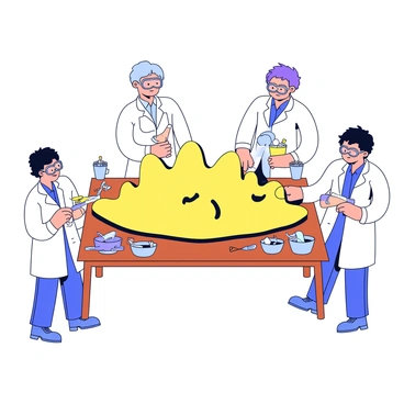 A large dinosaur fossil is displayed on a sturdy wooden table inside a laboratory. Several scientists, wearing white lab coats and safety goggles, are carefully working around the fossil. One scientist is using a brush to gently clean a specific area of the fossil, while another is examining a piece using a magnifying glass. Various tools like chisels and containers filled with small brushes are scattered around the table. Bright overhead lights illuminate the scene, highlighting the intricate details of the fossil and the focused expressions of the scientists.