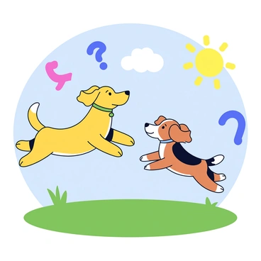 Two playful dogs are jumping around in a grassy park. One dog is a golden retriever with a shiny coat, and the other is a small beagle with large floppy ears. They are both energetically leaping into the air, tails wagging. Surrounding them are several floating question marks in bright colors, such as red, blue, and yellow, adding a whimsical touch to the scene. The sun shines brightly in the blue sky, casting soft shadows on the ground.