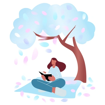 A girl is sitting on a blanket beneath a large tree with colorful watercolor leaves. She is holding an open book in her hands, with her body slightly angled as she reads. Around her, soft hues of pastel colors blend seamlessly in the background. Leaves are gently falling from the branches of the tree, creating a delicate cascade around her. The ground is covered in a light scattering of leaves, complementing the serene atmosphere of the scene.