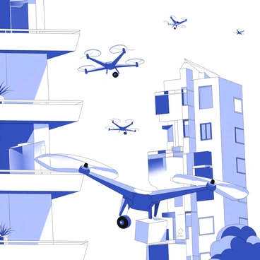 Drones are hovering near balconies of a futuristic apartment complex. Each drone has a sleek, streamlined design with spinning propellers on top. The balconies are equipped with modern railings and plants. Some drones are carrying different-sized packages, suspended securely beneath them. The architectural design of the apartment complex features a mix of glass and geometric shapes, creating a dynamic skyline. In the background, other drones can be seen in the distance, emphasizing the busy delivery system.