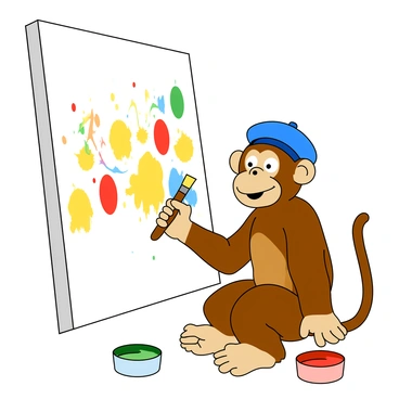 A cartoon-like monkey with a playful expression is sitting in front of a large white canvas. The monkey has large, round eyes and a wide smile, showcasing its enthusiasm for painting. It is holding a paintbrush in its right hand, covered with colorful paint splatters. The canvas features bright, abstract shapes in various colors, indicating the monkey's creativity. The monkey is wearing a blue painter's beret tilted to one side, and there are small pots of paint scattered around it, including red, yellow, and green. The scene captures the joyful concentration of the monkey as it focuses intently on its artwork.