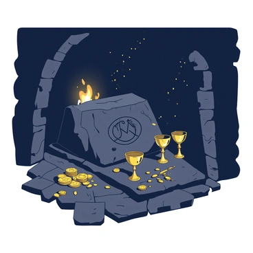 A dimly lit secret crypt features a rough stone altar at its center, surrounded by various golden artifacts. The artifacts include intricately designed golden goblets, ornate jewelry, and ancient coins, all scattered across the dark stone floor. Shadows cast by flickering torches on the walls create an aura of mystery. The stone altar appears weathered, with engraved symbols and markings, hinting at a long-lost civilization. Dust particles float in the air, illuminated by the soft glow of the torches, enhancing the crypt's hidden atmosphere.