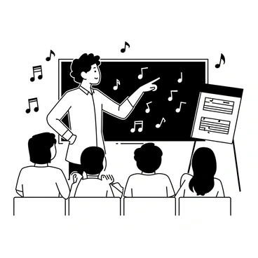 A music teacher standing in front of a blackboard filled with musical notes and symbols. The teacher has short curly hair and is wearing a button-up shirt with rolled-up sleeves. They are pointing at a piece of sheet music on a stand while looking at a group of students. The students, a diverse group of four, are sitting at desks, attentively watching the teacher. Some students have notebooks open, taking notes, while others are looking up at the teacher with curiosity. Musical notes are floating around in the air, creating a dynamic atmosphere.