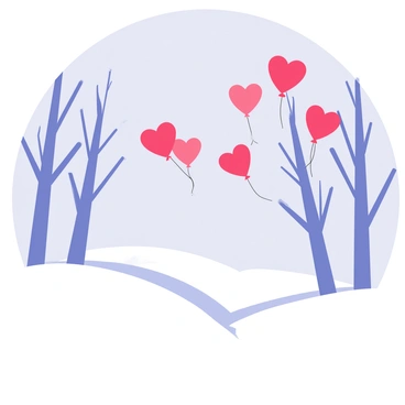 A winter landscape covered in white snow, featuring trees with bare branches. In the foreground, several bright red heart-shaped balloons are floating, contrasting against the icy blue sky. The balloons are tied with thin strings that gently sway in the cold breeze.