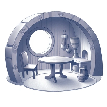A cozy interior of a hobbit hole. The setting includes curved wooden walls adorned with intricate carvings and a low ceiling with exposed wooden beams. There is a round, rustic table made from a single slab of wood at the center, surrounded by uniquely shaped chairs that have high backs and wide seats. A small stone fireplace is nestled against one wall, with a soft rug placed in front. Various handcrafted items, such as pottery and woven baskets, are scattered throughout the space, adding to the homely atmosphere. A large circular window allows natural light to filter in, illuminating the details of the room.