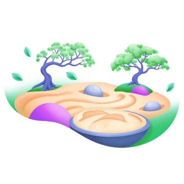 A modern pastel illustration of a peaceful zen garden featuring finely raked sand forming crisp patterns. Scattered throughout the scene are smooth, rounded stones of various sizes placed artistically on the sand. A few bonsai trees with intricate branches and lush green leaves are strategically positioned, adding a touch of nature to the garden. A gentle breeze appears to give life to the leaves, enhancing the tranquil atmosphere of the setting.