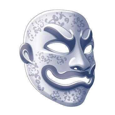 A traditional Japanese mask is displayed prominently. The mask features intricate designs of koi fish, which are depicted in detailed patterns that intertwine across its surface. Each koi fish is meticulously rendered, showcasing their scales and fins. The mask is elaborately shaped, with a pronounced forehead and exaggerated facial features, emphasizing the artistic craftsmanship. The background is minimal, allowing the focus to remain on the mask and its intricate koi fish designs.
