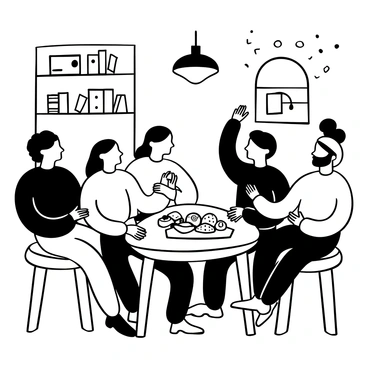 A group of five friends from diverse cultural backgrounds sitting around a small wooden table in a cozy café. Each friend is holding a coffee cup, while an assortment of pastries, such as croissants and muffins, is displayed on a plate at the center of the table. The café has bookshelves filled with books in the background, and a warm light emanates from a hanging lamp above them. One friend gestures animatedly while another leans forward, creating a lively atmosphere. The café's walls are adorned with various cultural decorations, reflecting the backgrounds of the friends.