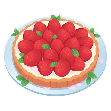 A circular strawberry tart is presented on a white ceramic plate. The tart has a golden-brown crust that is perfectly baked, showcasing its fluted edges. The filling is a smooth, creamy layer that is slightly off-white, topped generously with bright red strawberries that are neatly arranged in a circular pattern. Each strawberry glistens with a glossy finish, enhanced by a light glaze that adds shine. Surrounding the tart are small mint leaves, adding a vibrant green contrast to the red strawberries and beige crust.