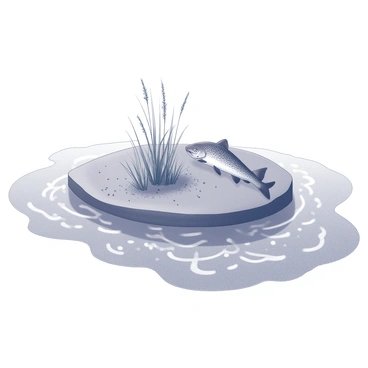 A small island surrounded by flowing water in a river. The island features lush vegetation, with a few tall grasses and small shrubs dotting its surface. Nearby, a brown trout swims gracefully through the clear water, its body streamlined as it glides just beneath the surface. The fish has distinct spots along its sides, and bubbles trail behind it as it moves. The river flows gently around the island, creating soft ripples in the water.