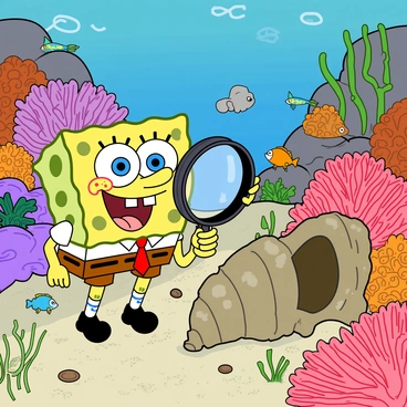 SpongeBob SquarePants, a yellow sea sponge with a square shape and large blue eyes, is enthusiastically examining ancient sea creature fossils embedded in a vibrant coral reef. He is wearing his classic white short-sleeve shirt and a red tie, along with brown square pants. Around him, the coral reef is filled with colorful corals in shades of pink, purple, and orange, and various small fish swim nearby, adding life to the scene. SpongeBob is holding a magnifying glass, peering closely at a large, fossilized shell that is partially buried in the coral. The ocean floor is sandy, dotted with seaweed and other ocean life.