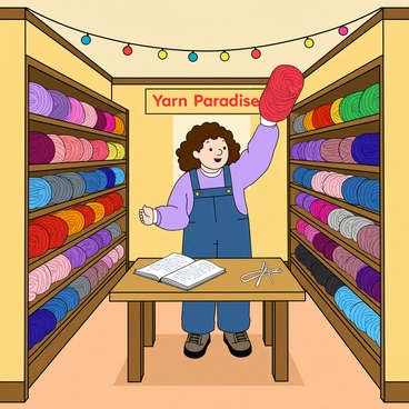 A young girl with light skin and curly brown hair is standing inside a small, quaint yarn shop. She is wearing a cozy lavender sweater and denim overalls. Shelves filled with colorful yarn balls of various sizes and textures surround her. The girl is reaching up to examine a vibrant red skein of yarn, her eyes wide with excitement. A wooden table in the center of the shop displays knitting needles and an open pattern book. The shop has a warm atmosphere, with string lights hanging from the ceiling and a hand-painted sign that reads “Yarn Paradise” above the entrance.