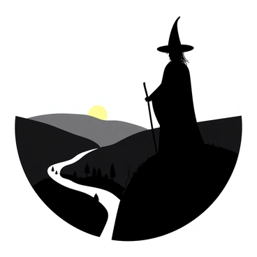 A dark figure of a witch with a pointed hat is standing on a hilltop, silhouetted against the dawn sky. The witch's long cloak billows gently in the morning breeze, and she holds a wooden staff in her right hand. Below, the valley stretches wide, with the faint outlines of trees and a meandering river visible. The soft light of dawn begins to break, casting a gentle glow over the landscape, creating a contrast between the dark silhouette of the witch and the emerging colors of the sky.