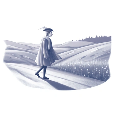 A figure resembling Cyrano de Bergerac is taking a leisurely stroll across a landscape of rolling hills. The character has a prominent nose and is dressed in 17th-century attire, including a feathered hat and a flowing cape. The hills are gently undulating, dotted with patches of wildflowers and tall grass. In the background, a distant line of trees frames the horizon under a clear sky. Cyrano appears relaxed and contemplative, occasionally glancing at the scenery around him as he walks along a narrow dirt path winding through the countryside.