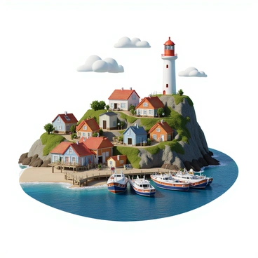 A charming coastal village featuring a collection of quaint houses with colorful facades, each with small gardens adorned with flowers. The houses have sloped roofs and wooden shutters. In the foreground, several fishing boats are docked at a wooden pier, painted in vibrant colors, some with fishing nets hanging over the side. A tall lighthouse stands majestically on a rocky cliff overlooking the sea, painted in white with red accents. The ocean waves gently lap against the shore, and the sky is bright with fluffy clouds.