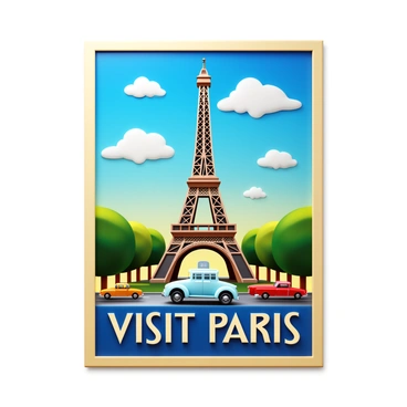 A vintage style travel poster featuring "the Eiffel Tower" in Paris. The poster includes "vibrant colors" and "art deco elements" surrounding the landmark. There is a "blue sky" above the tower, with "fluffy white clouds" scattered throughout. In the foreground, there are "stylized vintage cars" driving along a tree-lined street. The text "Visit Paris" is prominently displayed at the bottom in an elegant font.