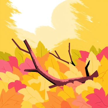 A fallen branch with a rough texture is partially buried beneath layers of vibrant, colorful leaves. The leaves show shades of orange, yellow, and brown, creating a rich carpet on the forest floor. Some leaves are curled at the edges, while others are fresh and flat. Sunlight filters through the trees above, casting gentle light on the scene, highlighting the intricate details of the branch and leaves.