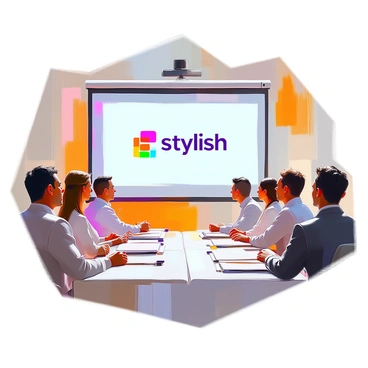 A business presentation screen displays a "stylish logo" prominently at the center. The logo features modern typography and sleek lines, capturing attention in the brightly lit room. In front of the screen, several audience members are seated, exhibiting a range of reactions from curiosity to admiration. They are dressed in professional attire, with a mix of men and women, and their faces are illuminated by the screen's light. The room is furnished with a long conference table and a few notepads and pens scattered on it, indicating an active meeting.