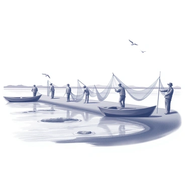 A group of fishermen is engaged in their work along the tidal flats. They are casting nets into the shallow waters, their bodies slightly bent as they focus on their task. A few simple wooden boats are anchored nearby, with one fisherman standing at the edge of a boat, preparing to haul in a catch. The landscape features rippling water, small sandbanks exposed by the receding tide, and distant shoreline silhouettes. Seagulls are seen flying overhead, adding to the lively scene of the fishermen at work.