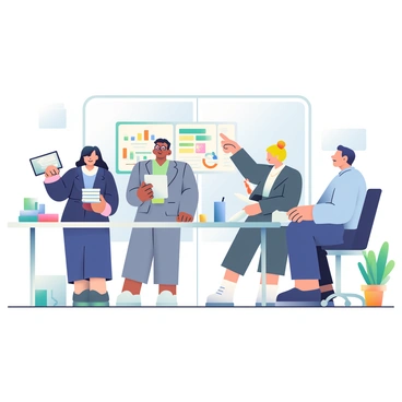 A group of four logistics professionals is gathered around a large, rectangular table in a modern office. The first professional is a woman with dark hair, wearing a tailored navy suit, holding a stack of documents. The second professional, a man with light brown hair and glasses, is pointing at a digital whiteboard displaying graphs and charts. The third professional, a woman with blonde hair in a bun, is taking notes on a tablet, dressed in a gray blazer. The fourth professional, a man with short black hair, is leaning forward, engaged in the discussion, wearing a light blue shirt. Around them, there are office supplies neatly organized, a potted plant in the corner, and large windows allowing natural light to fill the space.