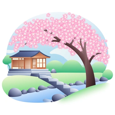 A dense cluster of cherry blossoms in full bloom is arching over a tranquil Japanese garden. The delicate pink flowers are vibrant against a clear blue sky. Below, a stone pathway winds through the garden, bordered by lush green grass and smooth pebbles. To the left, a small wooden bridge crosses a gently flowing stream, reflecting the blossoms overhead. In the background, a traditional wooden tea house with sliding doors is partially visible, surrounded by carefully arranged rocks and small shrubs. The scene conveys a peaceful atmosphere, inviting viewers to explore the beauty of nature.