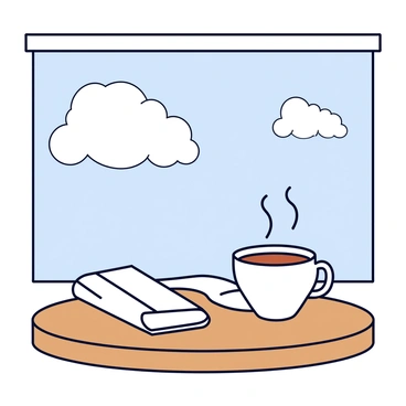 An empty café table with a polished wooden surface. On the table, there is a white porcelain coffee cup filled with steaming coffee. Beside the cup, there is a folded newspaper with a crisp edge. Outside the window, raindrops are visibly falling, creating a blurred effect on the glass. The gray clouds are prominent in the sky, hinting at a rainy atmosphere.