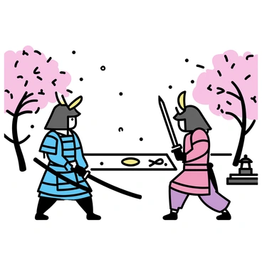 Two samurai are standing in a traditional Japanese garden, preparing to face off against each other. One samurai, dressed in dark blue armor, holds a katana with a firm grip, while the other, wearing red armor, has his sword drawn and positioned defensively. Cherry blossom trees surround them, their petals gently falling to the ground. In the background, a small stone lantern and a serene koi pond can be seen, adding to the garden's ambiance. The tension in the air is palpable as both warriors lock eyes, ready for battle.
