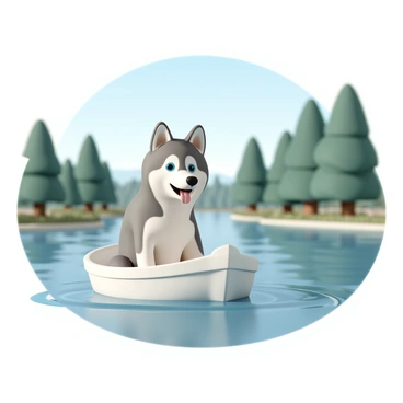 A Siberian husky, with striking blue eyes and a thick, gray and white coat, is sitting in a small boat. The boat is gently floating on a calm river, surrounded by lush green trees and soft grass along the banks. The husky has its ears perked up and its tongue out, enjoying the breeze. The water reflects the clear blue sky above, and small ripples are visible around the boat as it glides through the river.