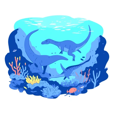 A blue underwater scene showcases several dinosaurs swimming gracefully among vibrant coral reefs. The dinosaurs include a long-necked sauropod and a swift theropod, both depicted in intricate detail. Surrounding them, there are various colorful coral formations in shades of yellow and orange. Exotic sea creatures, like a school of small fish in shimmering hues, dart between the reefs, creating a lively atmosphere. Sunlight filters down from above, illuminating the scene and enhancing the colors.