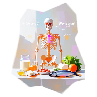 A poster promoting "bone health awareness" prominently features a detailed illustration of a human skeleton, highlighting the "bone marrow" within the long bones. The skeleton is positioned at the center, with arrows pointing to the bone marrow areas to emphasize their importance. Surrounding the skeleton, there are images of foods rich in calcium and vitamin D, such as dairy products, leafy greens, and fish, arranged in an appealing manner. The background has a soft gradient color, complementing the overall theme of health and wellness. At the top of the poster, the phrase "Promote Strong Bones" is displayed in bold text to capture attention.