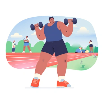 A seasoned athlete with a muscular build and sun-kissed skin is demonstrating perfect form while performing hammer curls at an outdoor track. The athlete is wearing a fitted navy tank top and black athletic shorts. Their shoes are bright red with white accents, and they have a determined expression on their face. The arms are fully engaged, showcasing strong biceps as they lift a pair of heavy dumbbells. In the background, there is a well-maintained track with marked lanes, and patches of green grass line the edges, under a clear blue sky. A few spectators can be seen in the distance, watching the demonstration with interest.