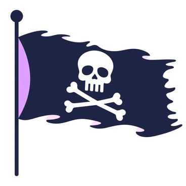 A black pirate flag is prominently displayed, waving in the wind. The flag features a central design of a skull with two crossbones beneath it. The skull has hollow eye sockets and an open mouth, conveying a menacing expression. The edges of the flag are tattered, suggesting it has been weathered by the elements. It is positioned against a clear sky, enhancing the visibility of the bold black color and the striking white skull and crossbones design.