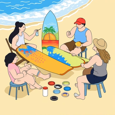 A group of five people gathered at a sunny outdoor location, engaged in painting their own surfboards. Two women, one with long black hair and the other with curly blonde hair, are applying bright colors to their boards. The woman with black hair is using a large brush to paint a vibrant wave design, while the blonde woman is adding polka dots in various colors. A man with short brown hair and a blue tank top is sitting on a beach chair, carefully detailing a surfboard with a tropical sunset scene. Another person, a young man with a red baseball cap, is spray-painting his surfboard with a graffiti style. Nearby, a woman with a ponytail and a sun hat is surrounded by colorful paints and brushes, contemplating her design. The sandy beach and the shimmering ocean create a lively backdrop for their creative activity.