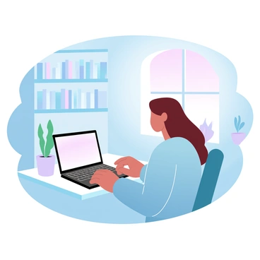A person is sitting at a desk, typing on a MacBook. The only source of light comes from the glowing screen, casting a soft illumination on the person's hands and the surrounding area. The background features a cozy room filled with bookshelves and a few indoor plants. A warm, gradient pastel-colored night sky can be seen through a nearby window, adding a tranquil ambiance to the scene.