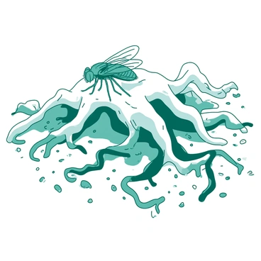A teal Drosophila fruit fly is perched on the tangled, white underground roots of a large plant. The roots stretch out in various directions, creating a network that fills the earthy environment. The surface of the roots is slightly textured, showing details of small bumps and grooves. Surrounding the roots, there are scattered grains of soil, with occasional tiny pebbles. The Drosophila is leaning forward, its wings slightly spread, as if curiously inspecting the intricate details of the roots.