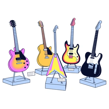 A historical museum exhibit featuring classic electric guitars displayed on sleek, minimalist pedestals. Each guitar is distinct, showcasing a variety of shapes, colors, and finishes, representing different decades of electric guitar design. The exhibit includes a 1950s solid-body guitar with a sunburst finish, a 1960s psychedelic guitar with vibrant colors and intricate patterns, and a 1970s heavy metal guitar in a bold black and chrome style. Each guitar is labeled with a small placard detailing its model and year of manufacture. The background has a clean, neutral color to emphasize the guitars, and soft spotlighting highlights their features.