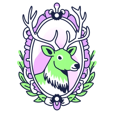 A deer's head is prominently displayed within an ornate, vintage-style frame. The deer has large antlers that are elegantly curved, and its fur is detailed with various textures. The frame is richly decorated with intricate designs and flourishes, enhancing the overall presentation of the deer. Surrounding the frame, there are subtle hints of foliage, adding a natural element to the setting. The background features a soft gradient, emphasizing the focus on the deer and the ornate frame.