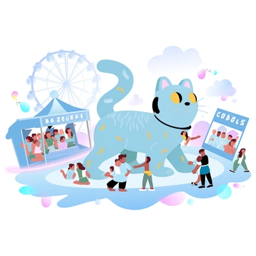 A vibrant fairground scene is filled with various attractions, including a Ferris wheel and colorful tents. Brightly colored banners flutter in the breeze, adding to the festive atmosphere. In the center, a large "lucky cat" sculpture is prominently displayed, featuring intricate patterns and golden accents. Surrounding the lucky cat are groups of visitors enjoying the fair, some holding balloons, while others are trying to win prizes at game booths. The ground is covered with a patchwork of colorful blankets and decorations, enhancing the cheerful ambiance of the fairground.