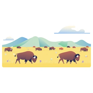A herd of bison with dark brown fur is roaming across an expansive prairie. The bison are scattered throughout the landscape, some grazing on the tall, golden grass while others are walking in a relaxed manner. The prairie is vast, stretching into the distance under a clear blue sky. There are a few scattered wildflowers in shades of purple and yellow among the grass. In the far background, gentle hills rise, creating a sense of depth in the scene. A few wispy clouds drift lazily across the sky, adding a touch of softness to the overall view.
