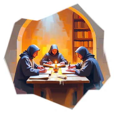 A group of monks in a medieval scriptorium are diligently working under the warm glow of flickering candlelight. The monks are dressed in simple, dark robes, and their attention is focused on their tasks. Each monk is seated at a wooden desk with open manuscripts spread out before them. One monk is carefully writing with a quill, dipping it into a small ink pot, while another is gently turning the pages of an ancient text. The stone walls of the scriptorium are lined with shelves filled with scrolls and books, creating an atmosphere of reverent study. The faint light of the candles casts soft shadows, illuminating the monks' concentrated faces as they preserve the wisdom of the ages.