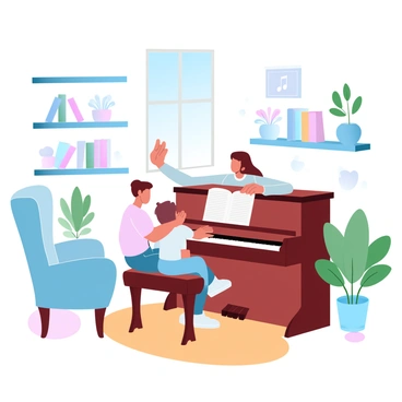 A music instructor is sitting beside a child at a polished wooden piano in a cozy room. The instructor is demonstrating a song, using one hand to guide the child's fingers as they hover above the keys. Sunlight streams through a nearby window, casting soft rays across the room. Surrounding them are shelves filled with colorful music books and a few potted plants adding a touch of green. A comfortable armchair is positioned in one corner, and a warm rug lies beneath the piano. The walls are lined with framed musical notes and art, creating an inviting atmosphere.